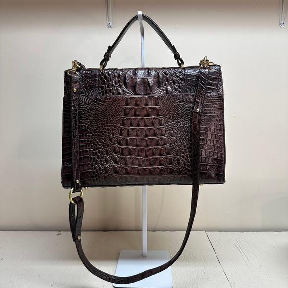 Brahmin Kaitlin Croc Embossed Leather Pecan Brown Satchel Handbag Top Handle Bag